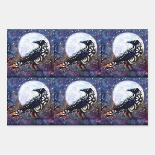 Whimsical Raven Floral Zwart Paarse Decoupage Inpakpapier Vel (Voorkant)