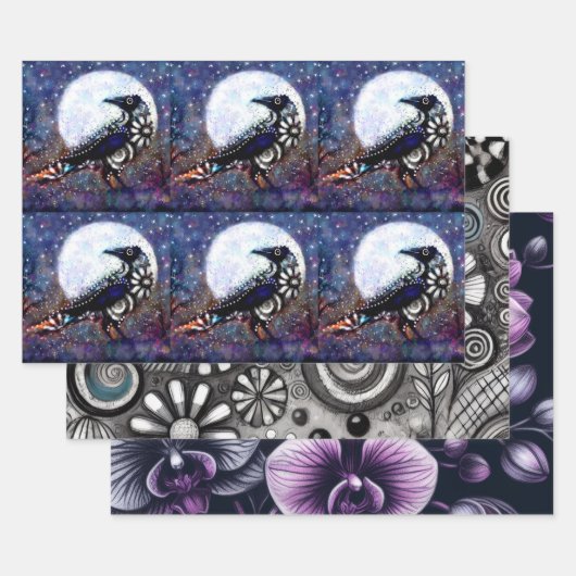 Whimsical Raven Floral Zwart Paarse Decoupage Inpakpapier Vel (Set)