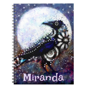 Whimsical Raven Moon Bloemen Zwart Gepersonaliseer Notitieboek
