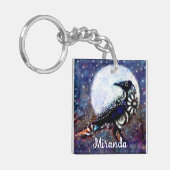 Whimsical Raven Moon Floral Abstract gepersonalise Sleutelhanger (Voorkant Links)
