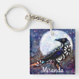 Whimsical Raven Moon Floral Abstract gepersonalise Sleutelhanger