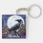 Whimsical Raven Moon Floral Abstract gepersonalise Sleutelhanger (Achterkant)