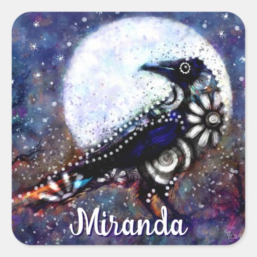 Whimsical Raven Moon Floral Abstract gepersonalise Vierkante Sticker (Voorkant)