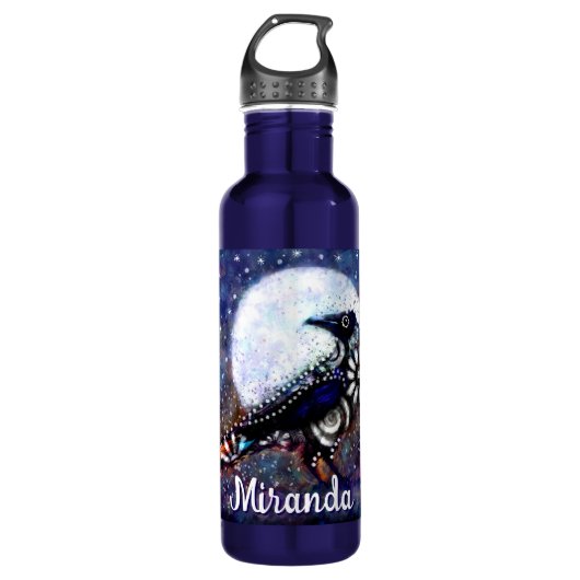 Whimsical Raven Moon Floral Abstract gepersonalise Waterfles (Voorkant)
