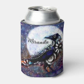 Whimsical Raven Moon Floral Zwart Wit Blauw Blikjeskoeler (Blikje Voorkant)