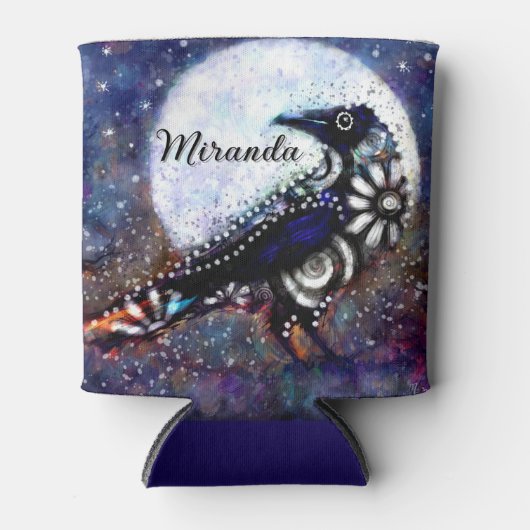 Whimsical Raven Moon Floral Zwart Wit Blauw Blikjeskoeler (Voorkant)