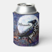 Whimsical Raven Moon Floral Zwart Wit Blauw Blikjeskoeler (Blikje Achterkant)