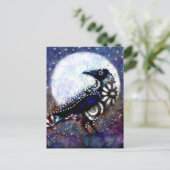 Whimsical Raven Moon Floral Zwart Wit Blauw Briefkaart (Staand voorkant)