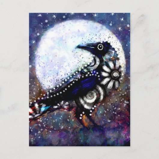 Whimsical Raven Moon Floral Zwart Wit Blauw Briefkaart (Voorkant)