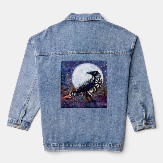 Whimsical Raven Moon Floral Zwart Wit Blauw Denim Jacket (Achterkant)