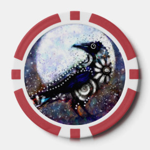 Whimsical Raven Moon Floral Zwart Wit Blauw Poker Chips
