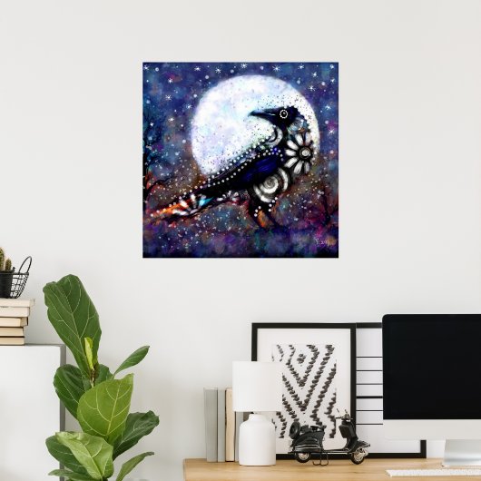 Whimsical Raven Moon Floral Zwart Wit Blauw Poster (Thuiskantoor)