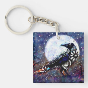 Whimsical Raven Moon Floral Zwart Wit Blauw Sleutelhanger