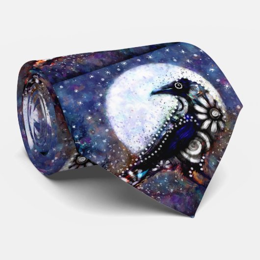 Whimsical Raven Moon Floral Zwart Wit Blauw Stropdas (Opgerold)