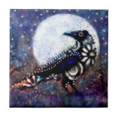 Whimsical Raven Moon Floral Zwart Wit Blauw Tegeltje (Voorkant)