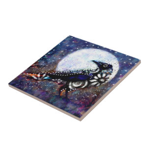 Whimsical Raven Moon Floral Zwart Wit Blauw Tegeltje