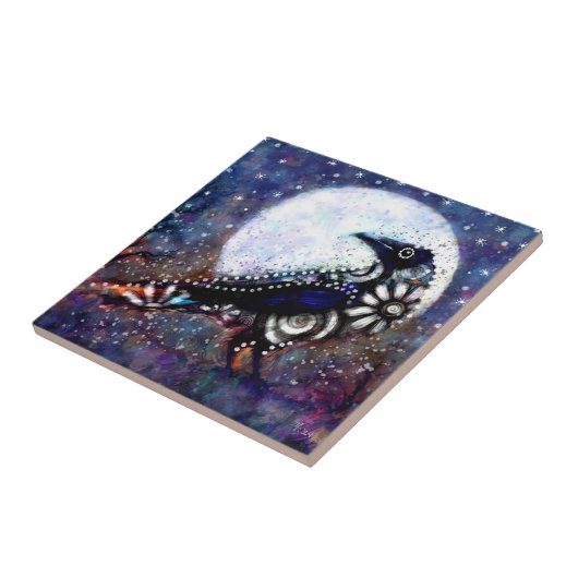 Whimsical Raven Moon Floral Zwart Wit Blauw Tegeltje (Zijkant)