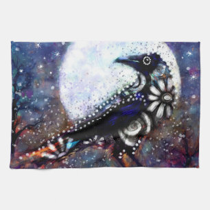 Whimsical Raven Moon Floral Zwart Wit Blauw Theedoek