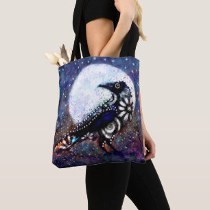 Whimsical Raven Moon Floral Zwart Wit Blauw Tote Bag