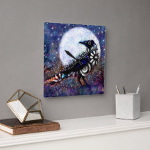 Whimsical Raven Moon Floral Zwart Wit Blauw