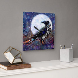 Whimsical Raven Moon Floral Zwart Wit Blauw Vierkante Klok