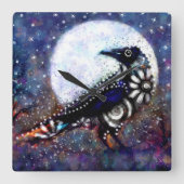 Whimsical Raven Moon Floral Zwart Wit Blauw Vierkante Klok (Voorkant)