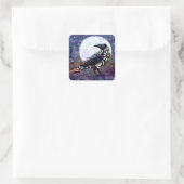 Whimsical Raven Moon Floral Zwart Wit Blauw Vierkante Sticker (Tas)