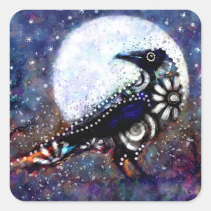 Whimsical Raven Moon Floral Zwart Wit Blauw Vierkante Sticker