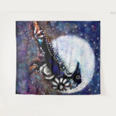 Whimsical Raven Moon Floral Zwart Wit Blauw Wandkleed (Voorkant (horizontaal))