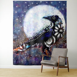 Whimsical Raven Moon Floral Zwart Wit Blauw Wandkleed