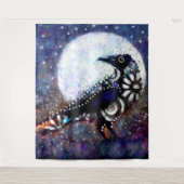 Whimsical Raven Moon Floral Zwart Wit Blauw Wandkleed (Voorkant)