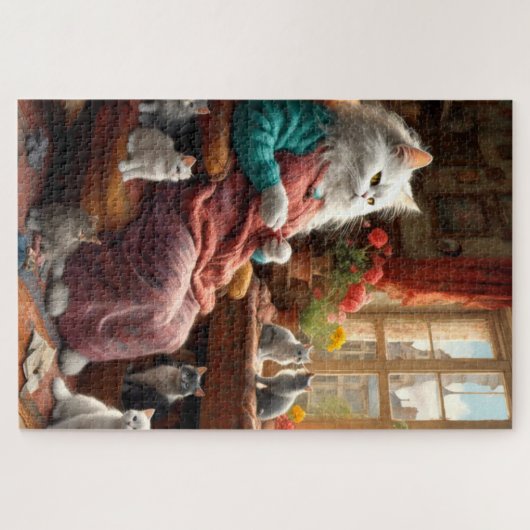 Whimsical Realistic Mama Cat & Kittens Legpuzzel (Horizontaal)
