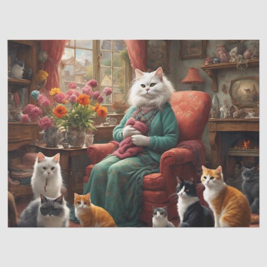 Whimsical Realistic Mama Cat & Kittens Tissuepapier (Voorkant)