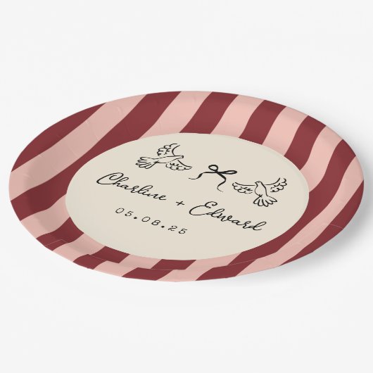 Whimsical Red and Blush Pink Striped Wedding  Papieren Bordje (Gekanteld)