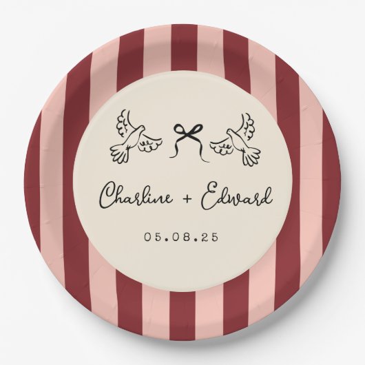 Whimsical Red and Blush Pink Striped Wedding Papieren Bordje (Voorkant)