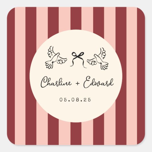 Whimsical Red and Blush Pink Striped Wedding  Vierkante Sticker (Voorkant)