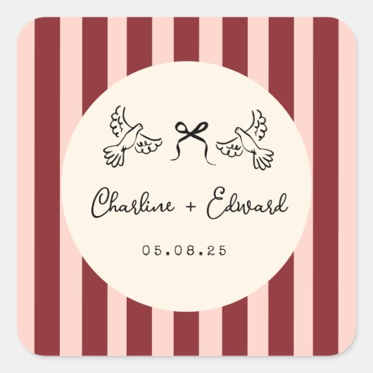Whimsical Red and Blush Pink Striped Wedding Vierkante Sticker (Voorkant)