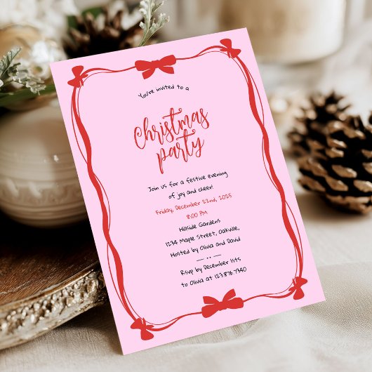 Whimsical Red and Pink Bow Christmas Party Kaart
