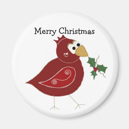 Whimsical Red Bird met Sprig of Holly Magneet (Voorkant)