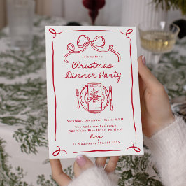 Whimsical Red Bow Christmas Dinner Party Kaart