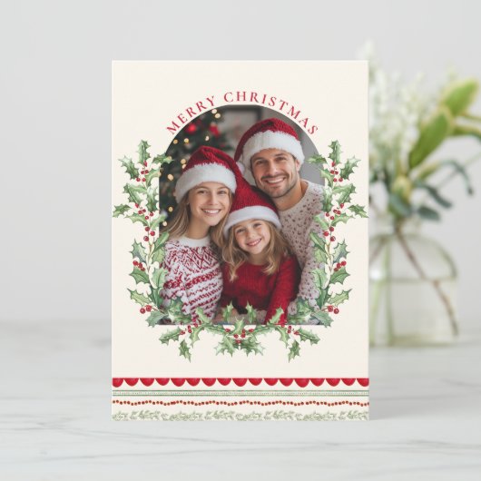 Whimsical Red Bow Family Photo Classic Feestdagenkaart (Staand voorkant)