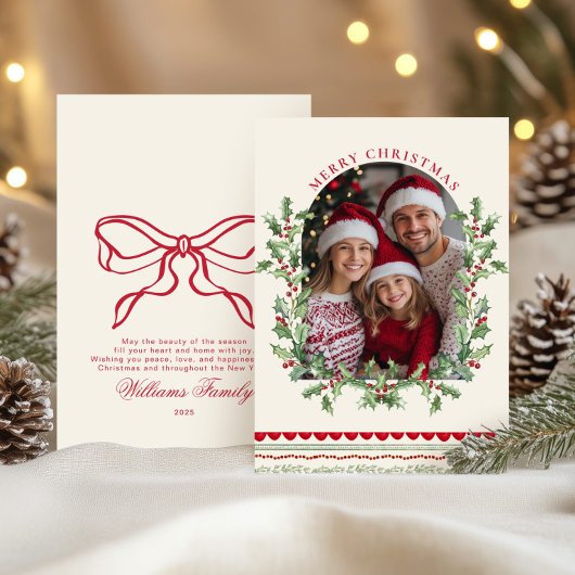 Whimsical Red Bow Family Photo Classic Feestdagenkaart