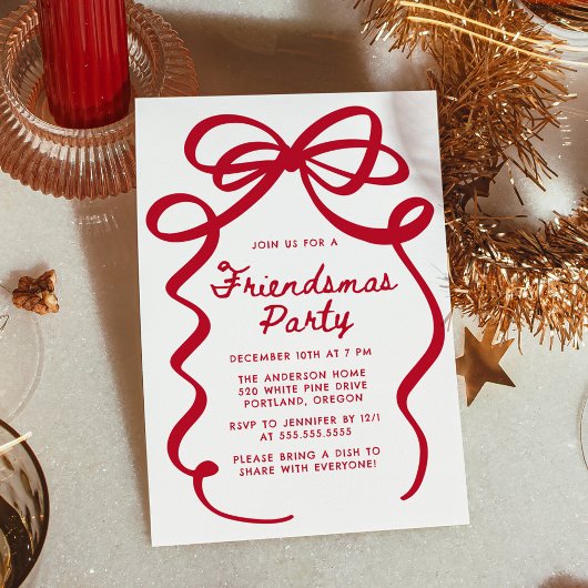 Whimsical Red Bow Friendsmas Christmas Party Kaart