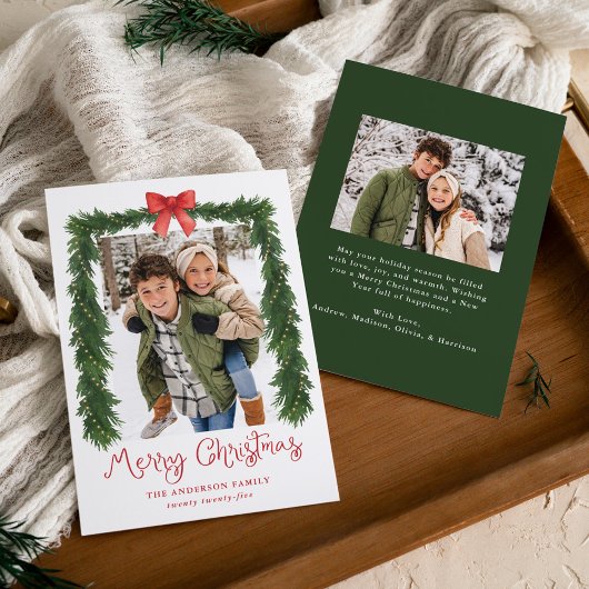 Whimsical Red Bow Garland Christmas 2 Photo Feestdagenkaart