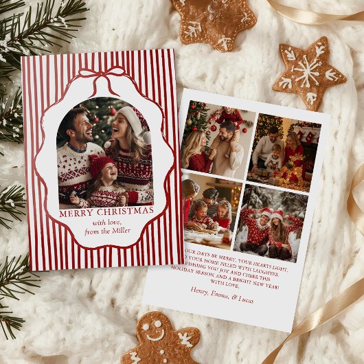 Whimsical Red Bow Merry Christmas Family Photo Feestdagenkaart