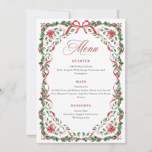 Whimsical Red Bow Printable Christmas Menu Card Kaart (Voorkant)