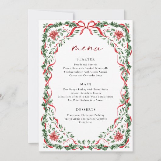 Whimsical Red Bow Printable Christmas Menu Card Kaart (Voorkant)