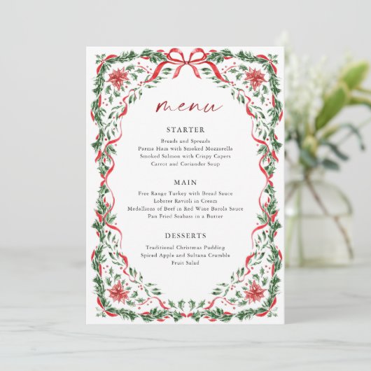 Whimsical Red Bow Printable Christmas Menu Card Kaart (Staand voorkant)