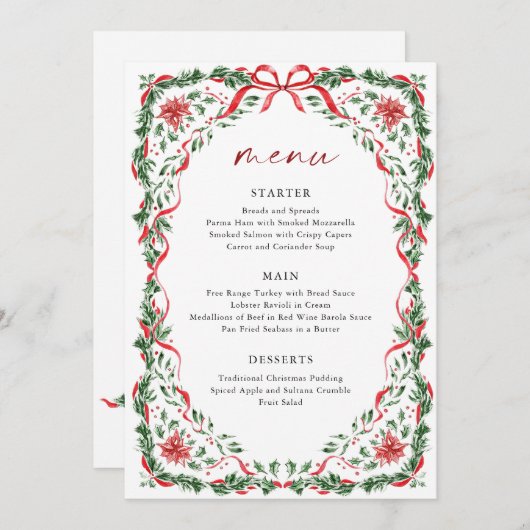 Whimsical Red Bow Printable Christmas Menu Card Kaart (Voorkant / Achterkant)