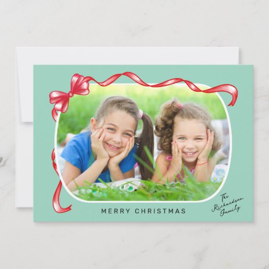 Whimsical Red Bow Ribbon 3 Foto's Kerstmis Feestdagenkaart (Voorkant)